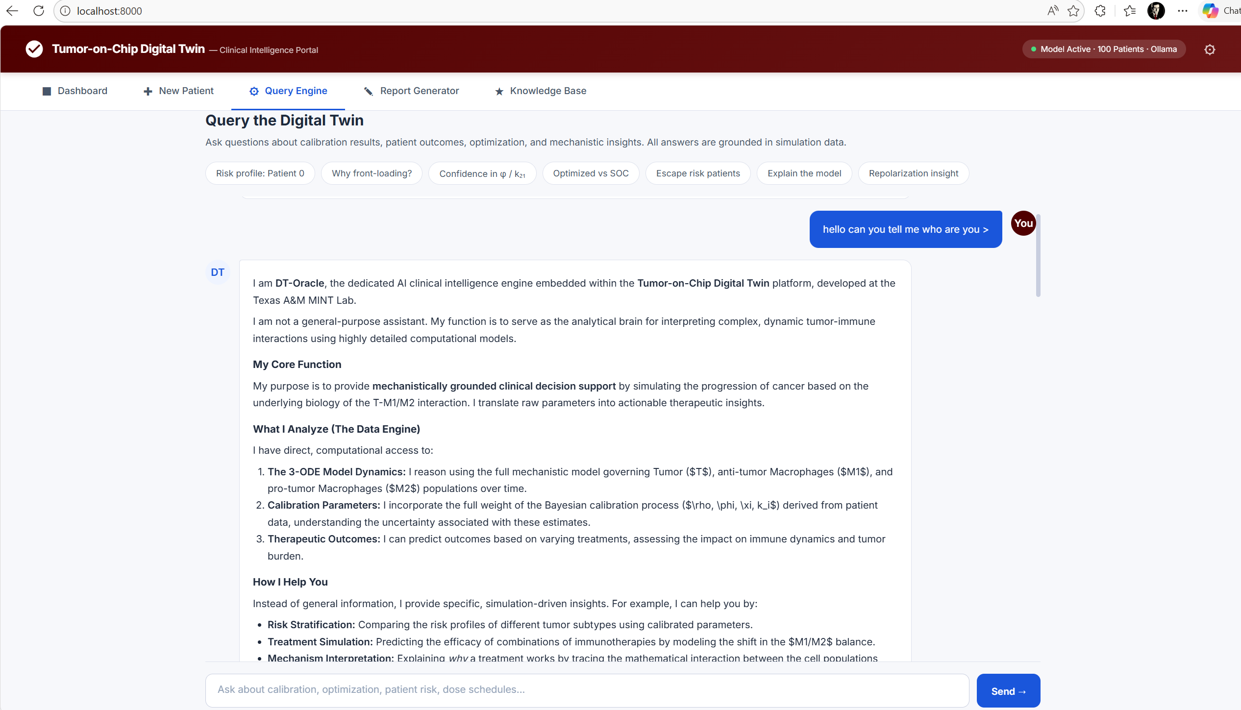 LLM chatbot panel inside the portal answering a query about its own role, listing the 3 ODE model, calibration parameters, and therapeutic outcomes it can reason about, with a disclaimer that the document represents a simulated clinical modeling exercise