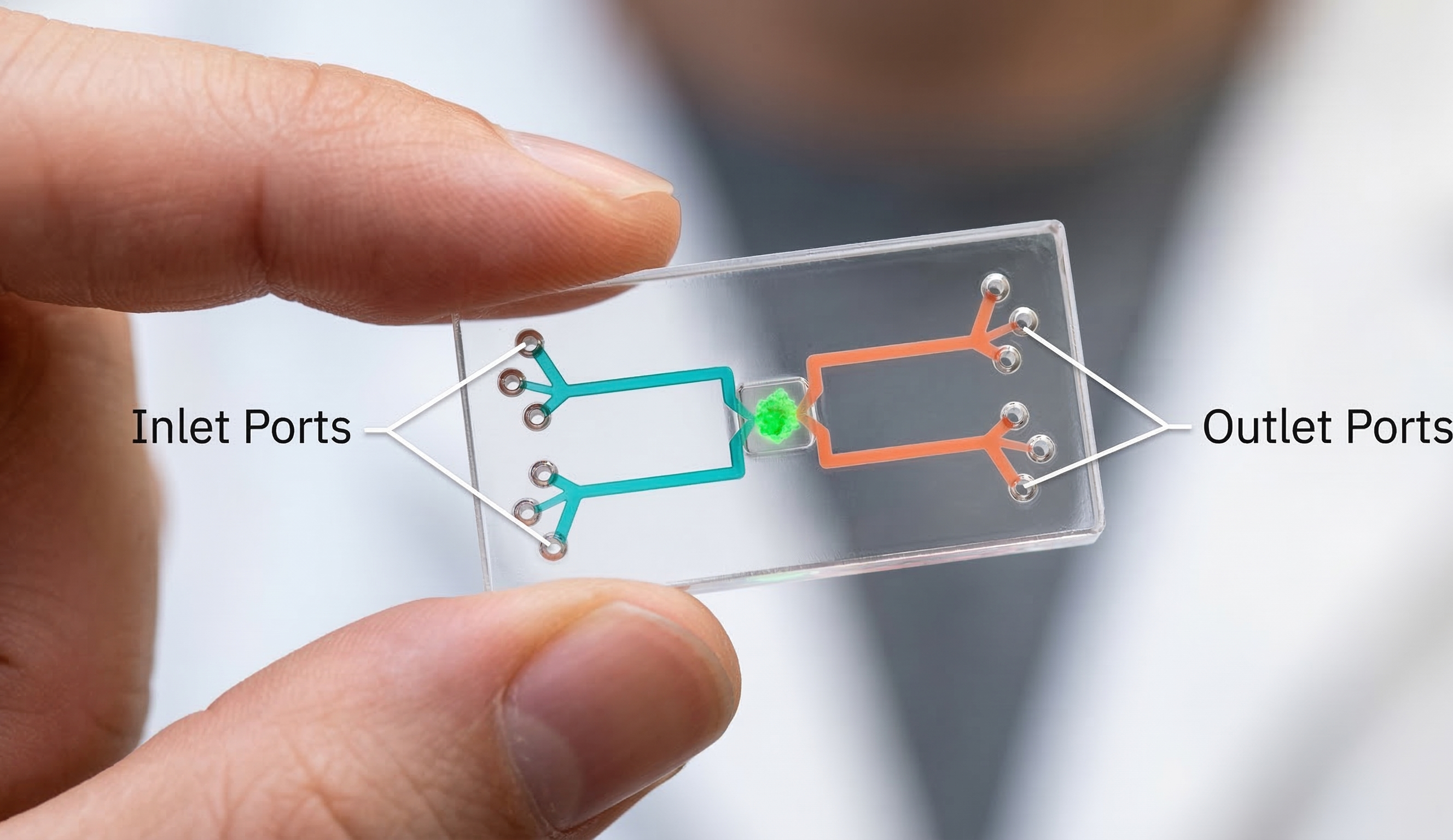 A clear microfluidic glass slide chip held between two fingers, with labeled inlet ports on the left and outlet ports on the right and green tumor spheroid visible in the central chamber